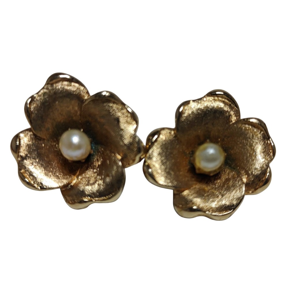Vintage Signed Francos Earrings Brushed Goldtone Clip‎ On With Pearl